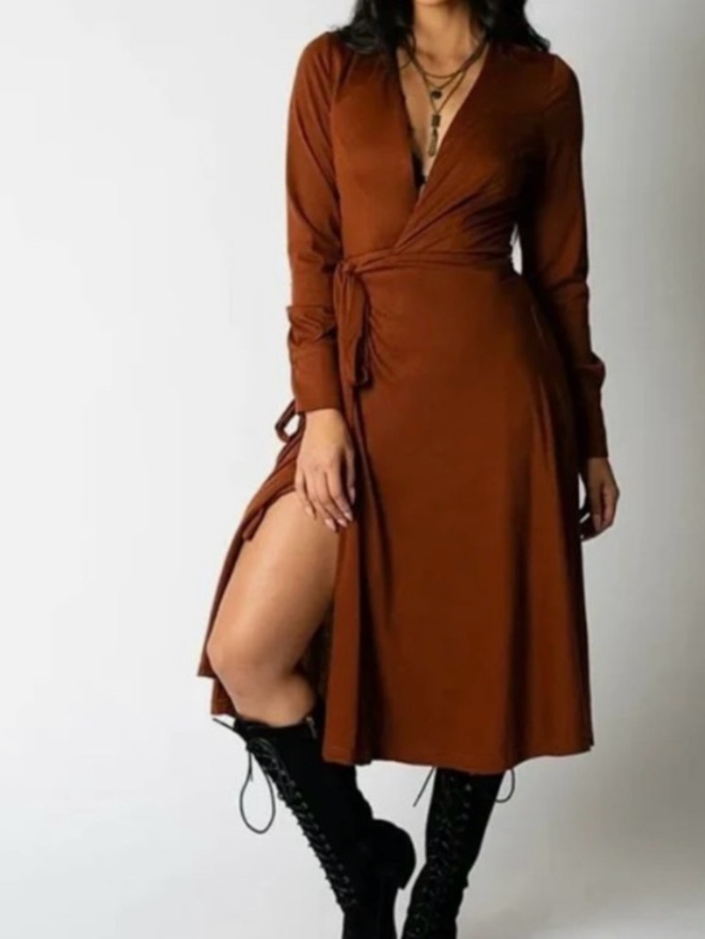 Joyfolie Mía Joy Wrap Midi Dress in Rust with Tie Waist